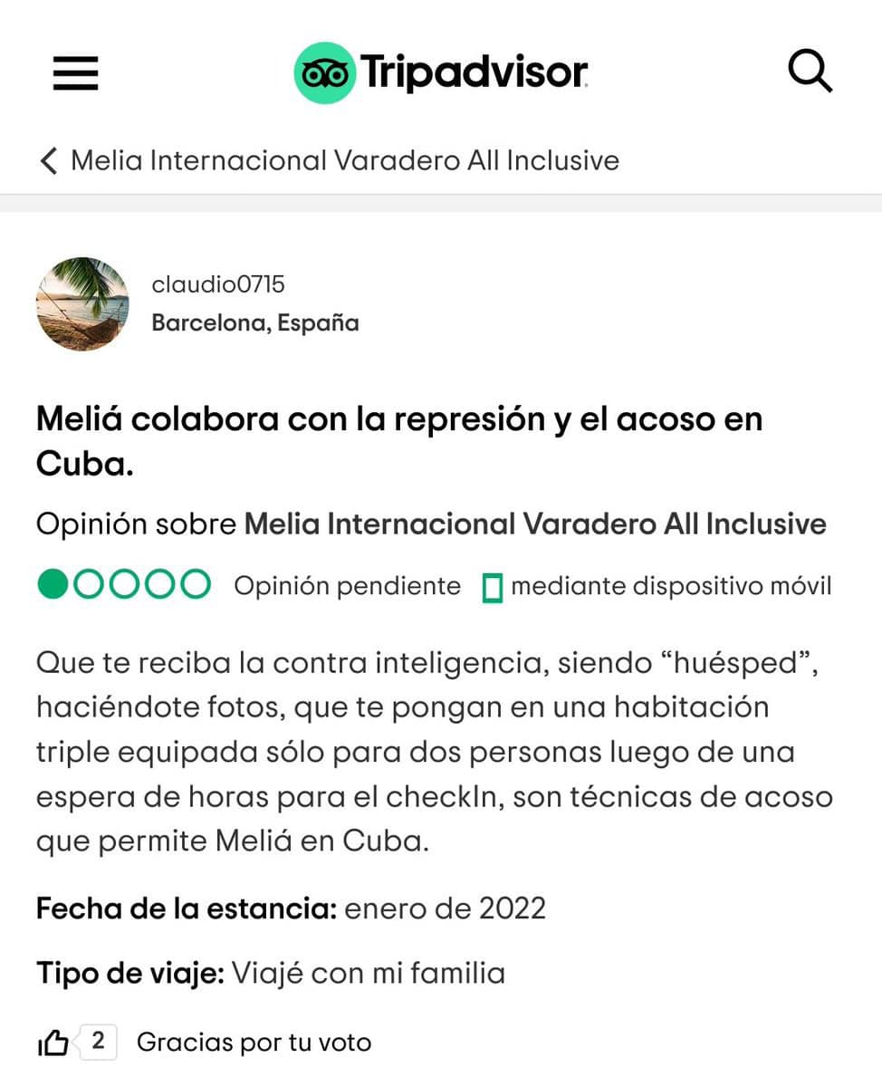 Calificación de Claudia Gaitán Garmendia a hotel Meliá.