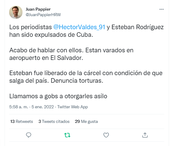 Tuit de Juan Pappier, de HRW.