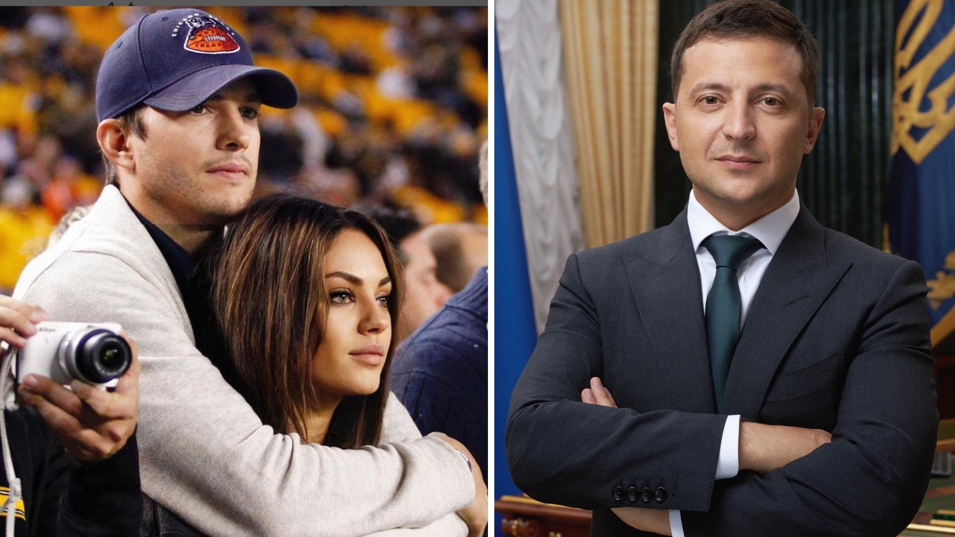 Mila Kunis y Ashton Kutcher, con foto de Volodímir Zelenski. Collage: ADN Cuba