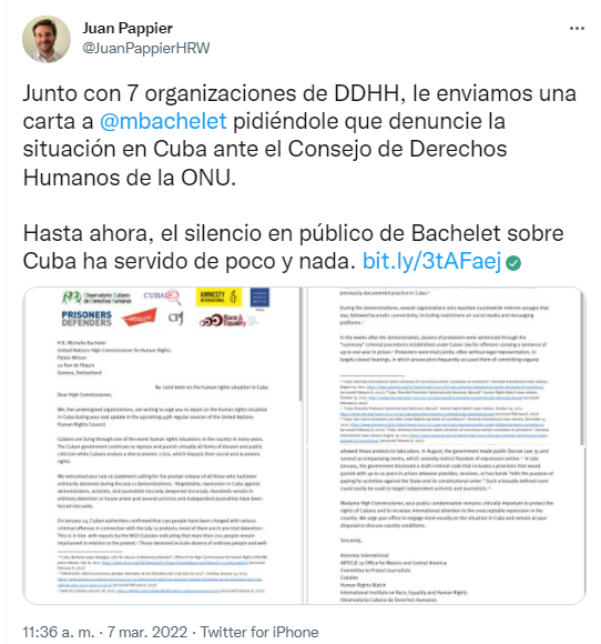 Tuit de investigador senior de HRW.