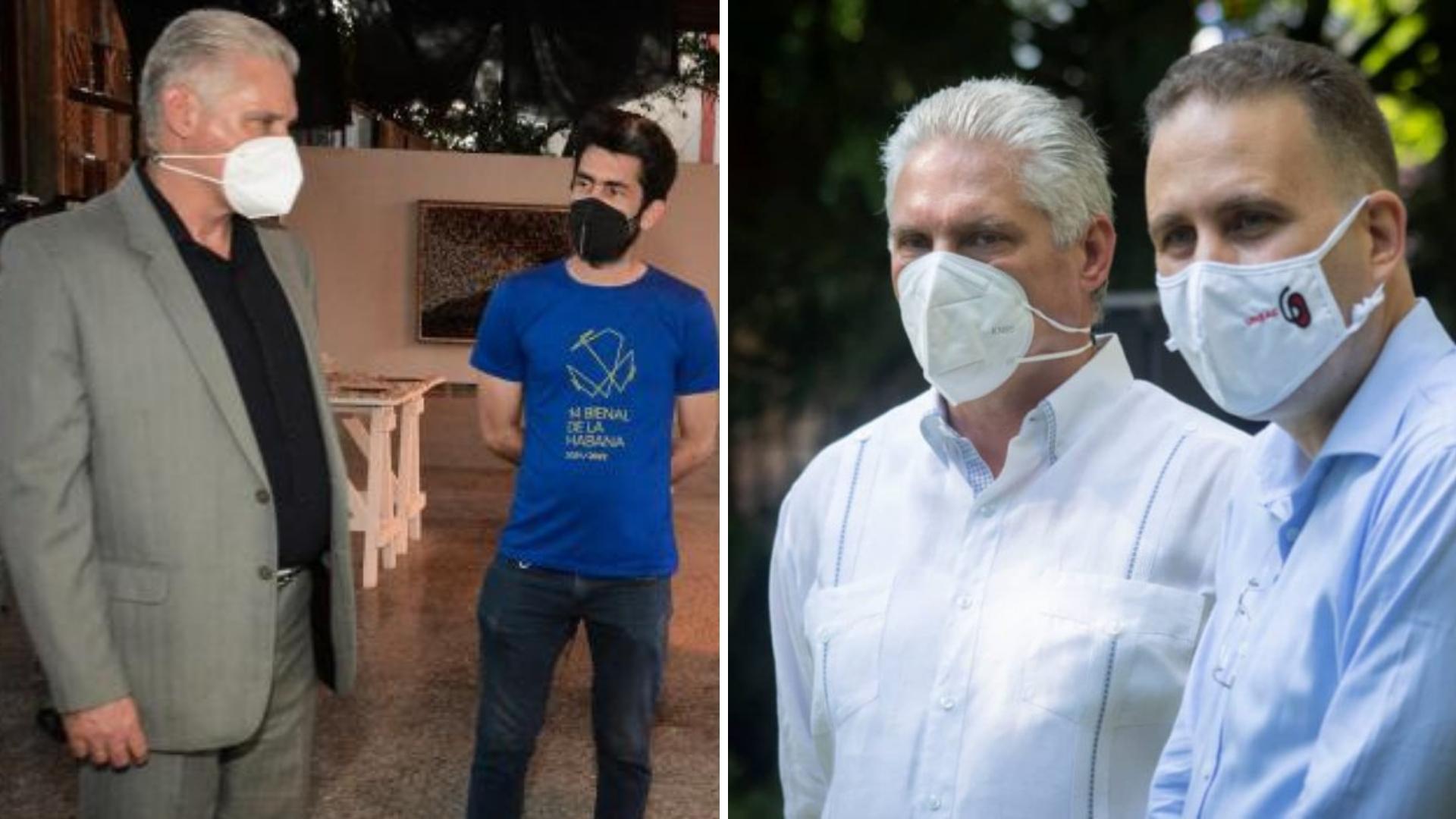 Rafael González y Luis Morlote, presidente de la AHS y la Uneac, respectivamente, con Díaz-Canel