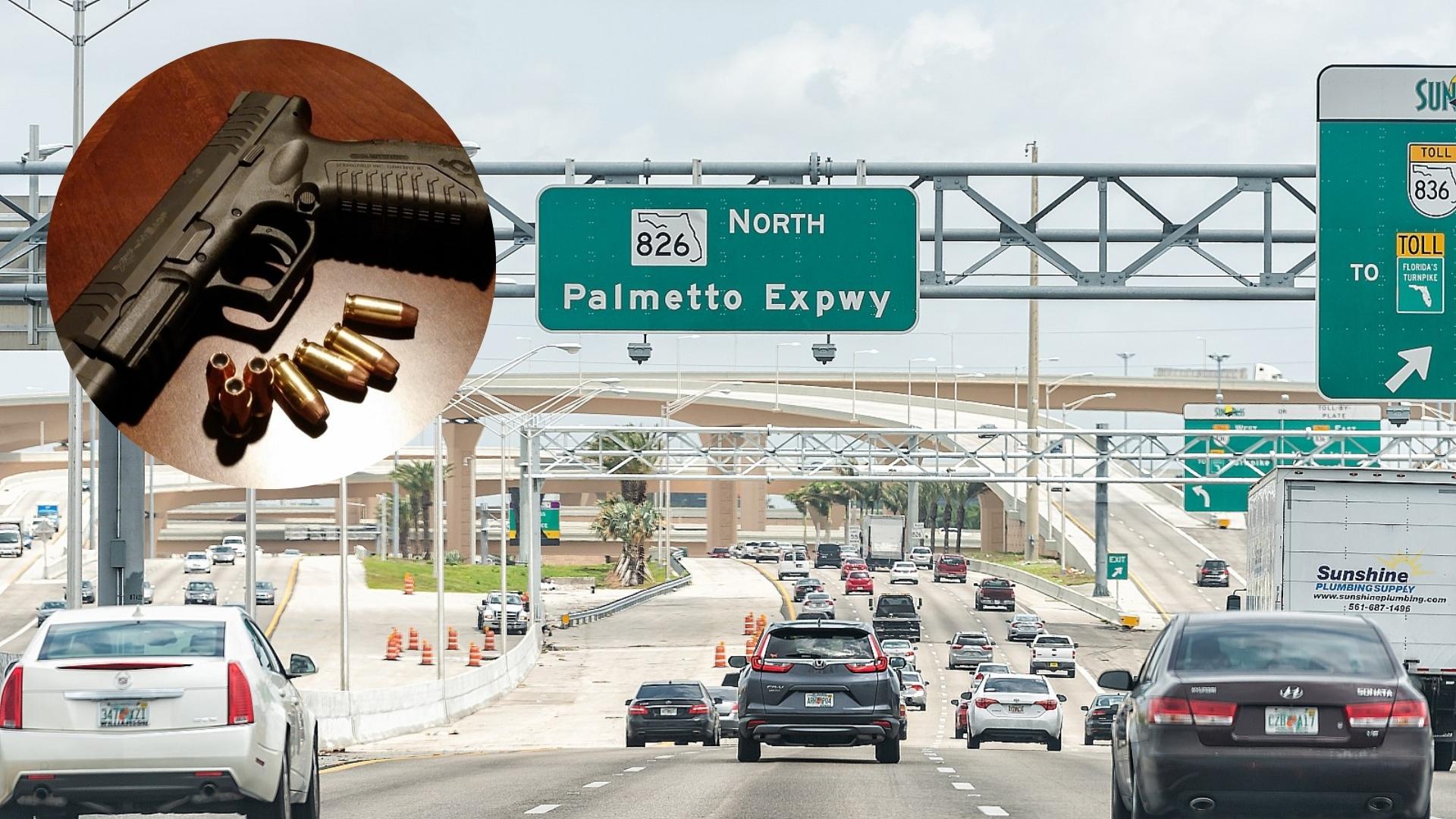 Pistola y autopista Palmetto. Foto: Collage de ADN Cuba con imágenes de Pixabay y Shutterstock