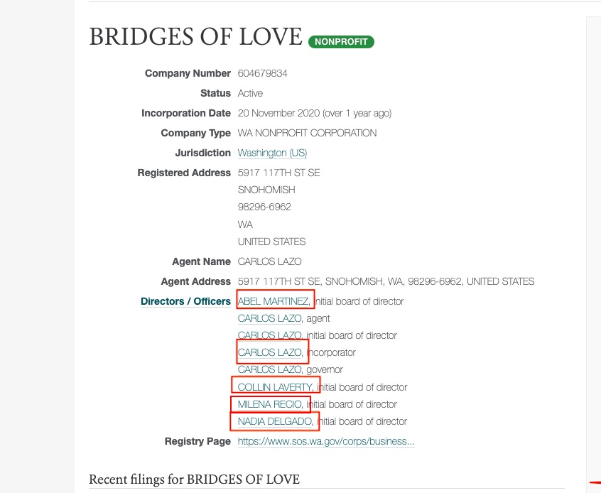 Junta directiva de Puentes de Amor. Fuente: Open Corporates