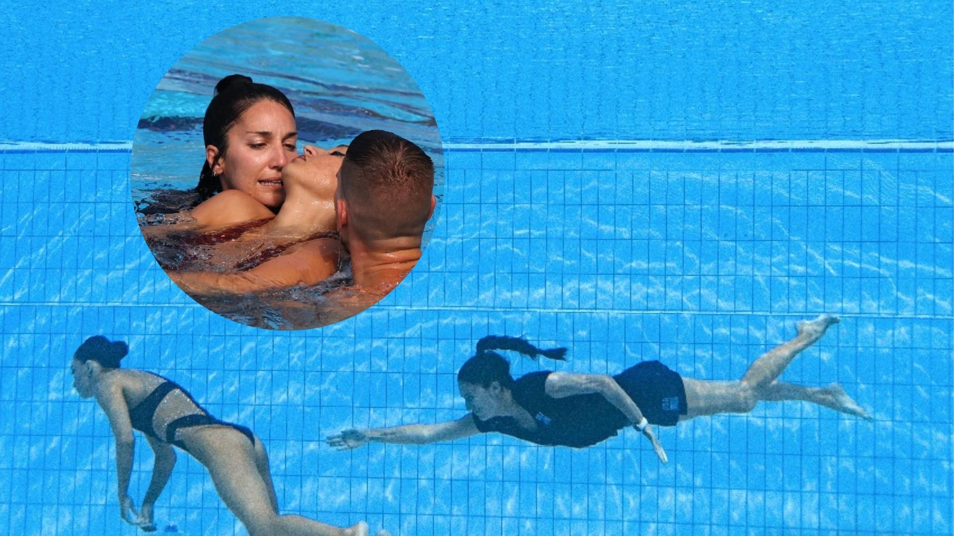 Entrenadora salva atleta en Mundial de Natación. Fotomontaje: ADN Cuba con imágenes de AFP