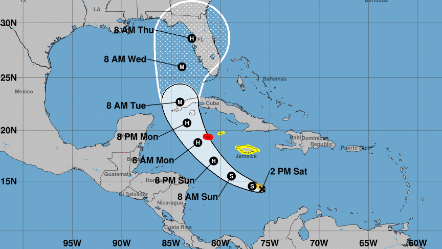 Cono con trayectoria probable de Ian. Imagen del NHC