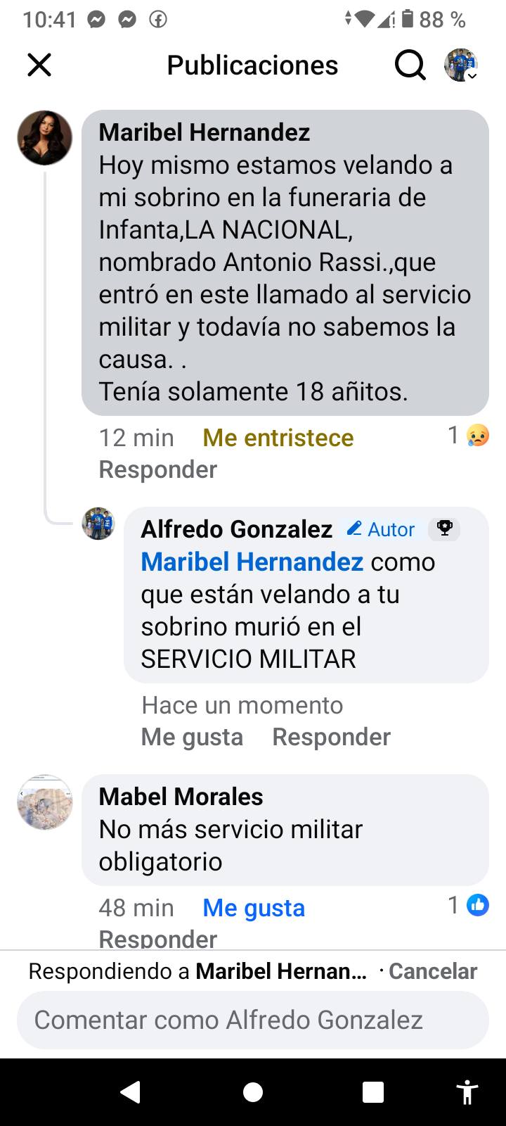 Publicación realizada por González en Facebook.