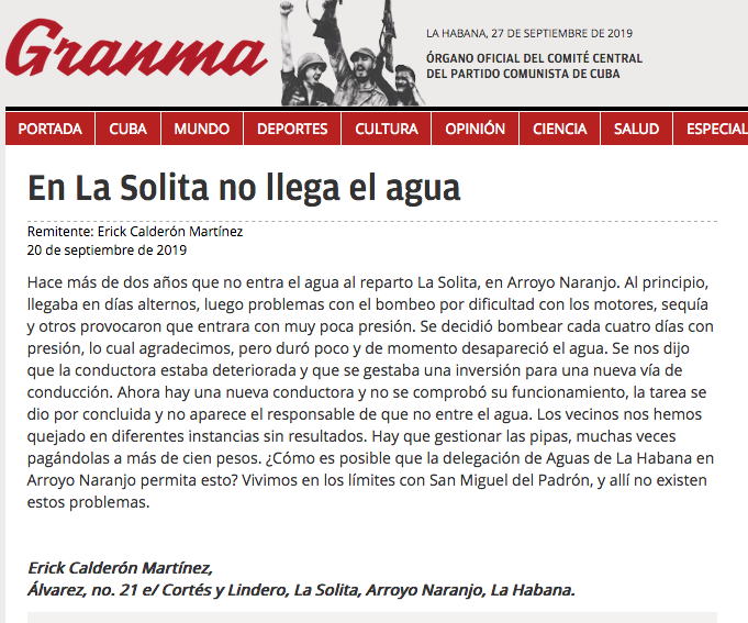 Texto de la denuncia en el diario Granma
