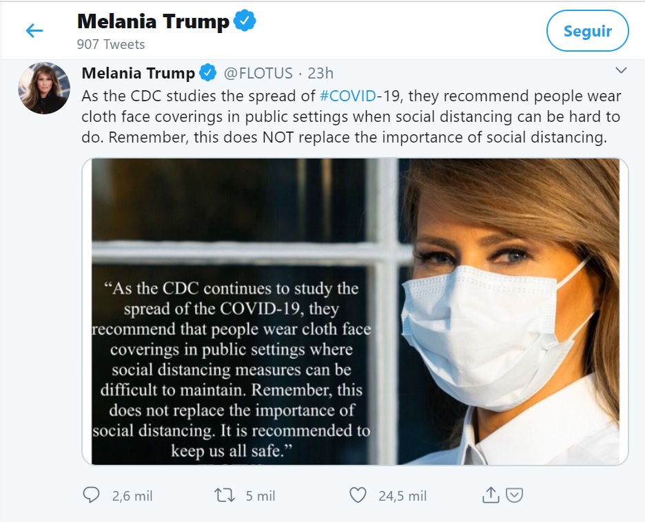 Captura de tuit de Melania sobre mascarillas