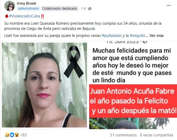 Publicación sobre el asesinato de la joven madre