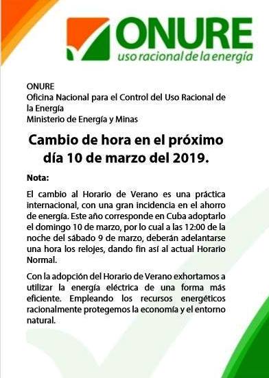 Regirá horario de verano en Cuba