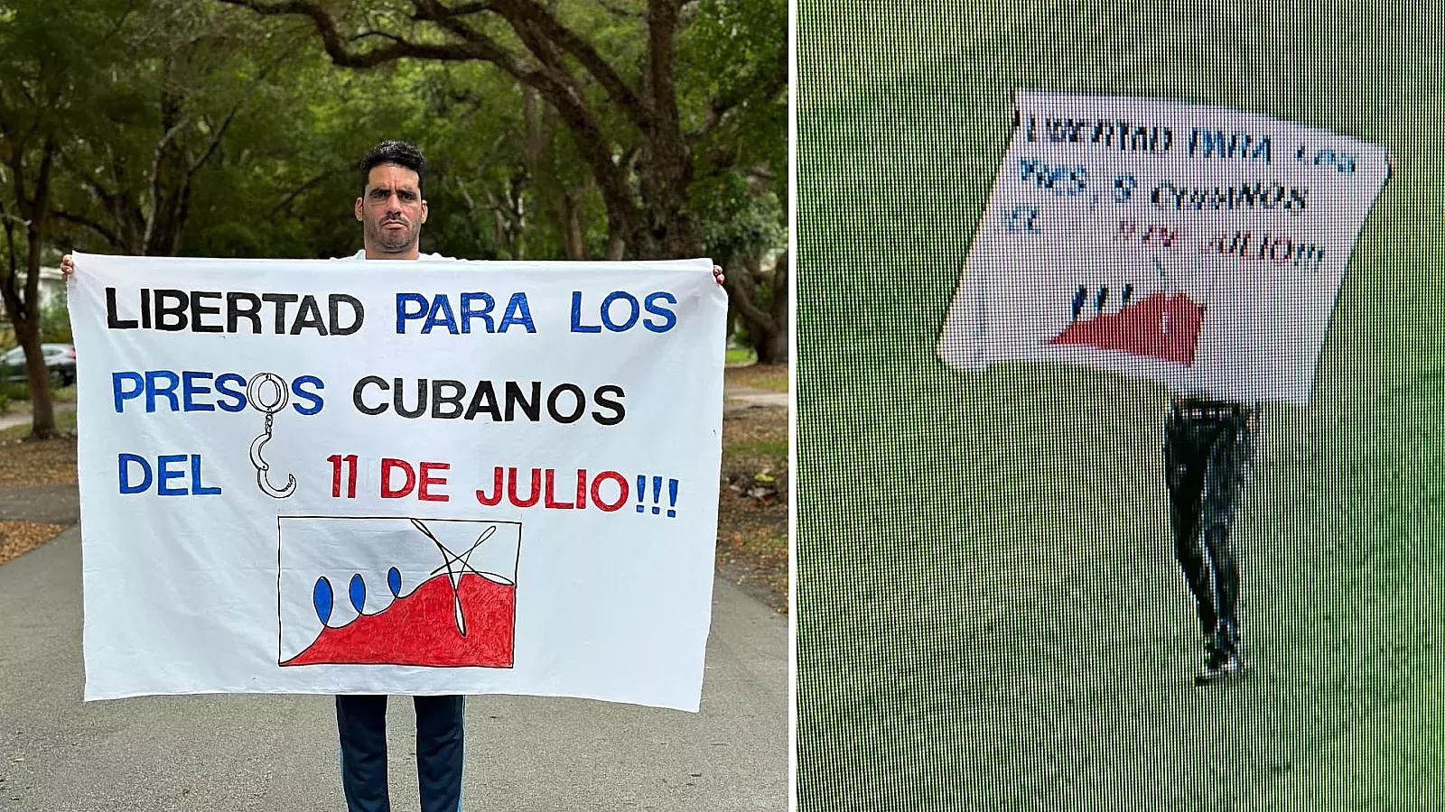 El Sexto con el cartel que se lanzó al estadio de los Marlins