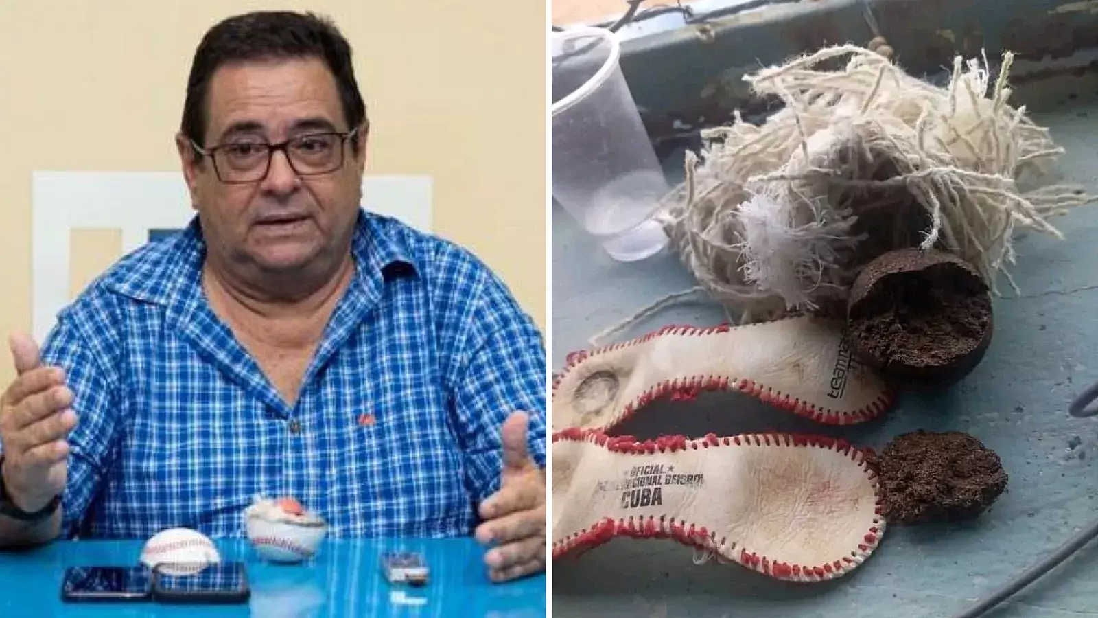 Tesorero de la Federación de Béisbol junto a las pelotas malas
