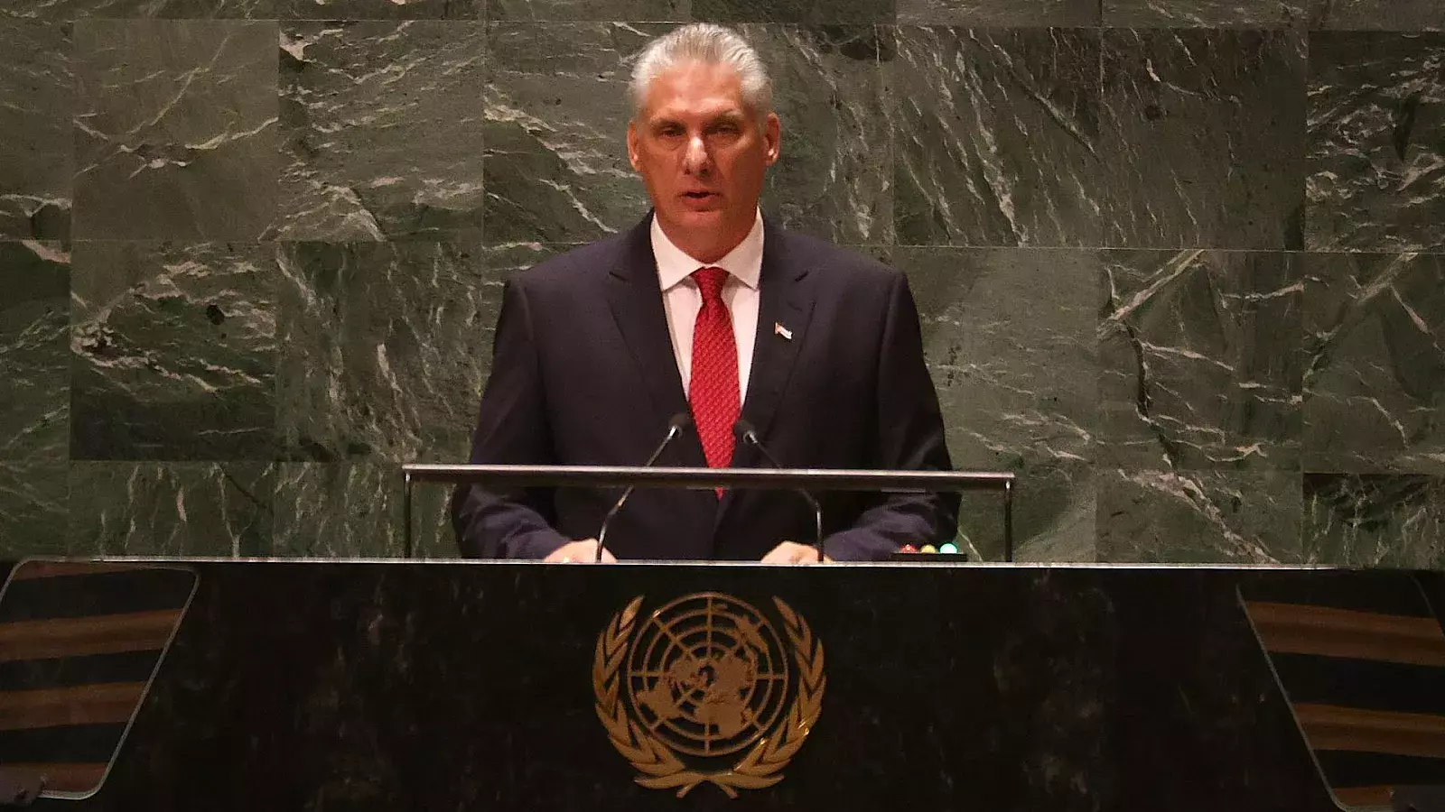 Dictador cubano Miguel Díaz-Canel en sede la ONU en Nueva York, 2023.