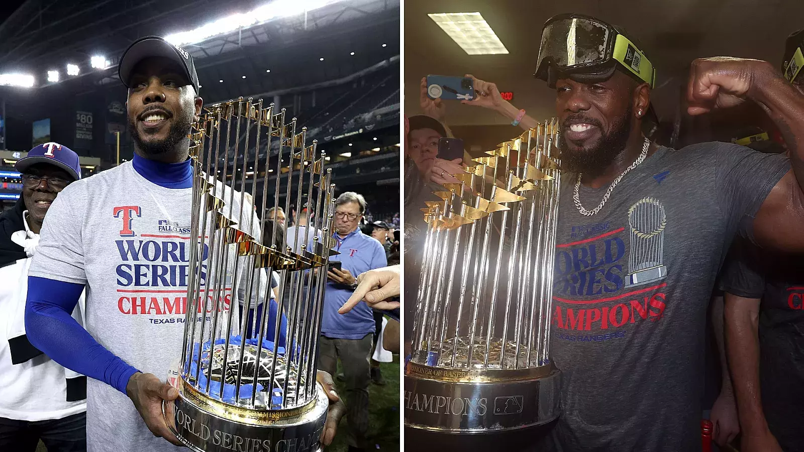 Dos cubanos con el trofeo de campeones de la Serie Mundial 2023