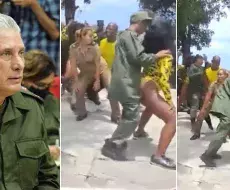 Díaz Canel y militares bailando reguetón